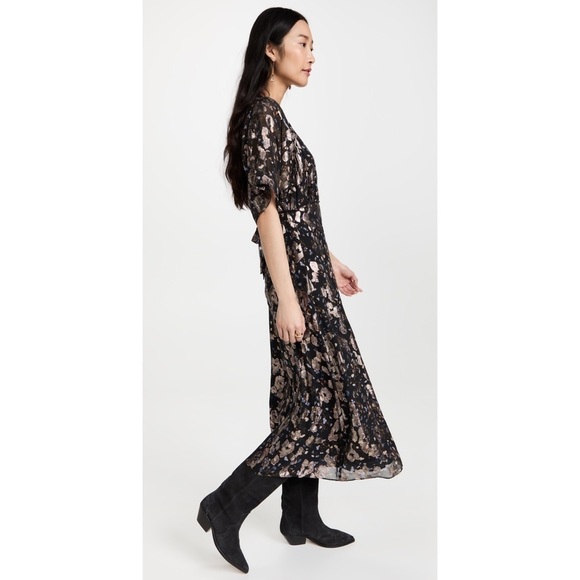 SOLD New BA&SH Lady Dress Floral Metallic Tee Silk Midi V Neck Short Sleeve XS - Picture 4 of 16